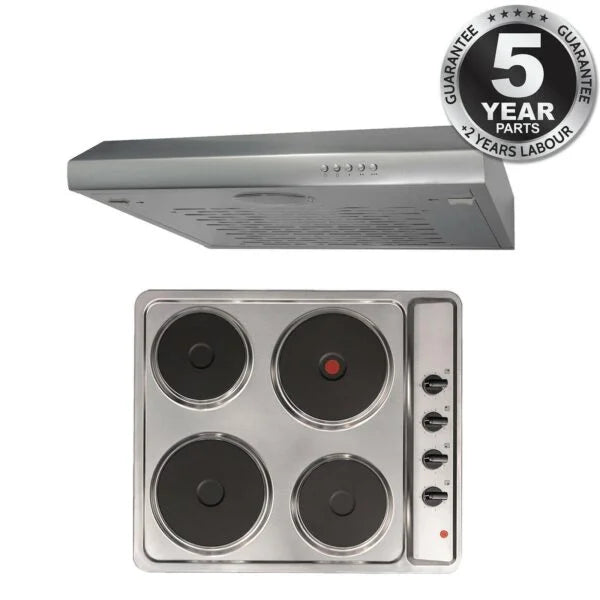 SIA 60cm 4 Zone Electric Hob /Solid Plate , Stainless Steel & Visor Cooker Hood Fan - London Houseware - 1